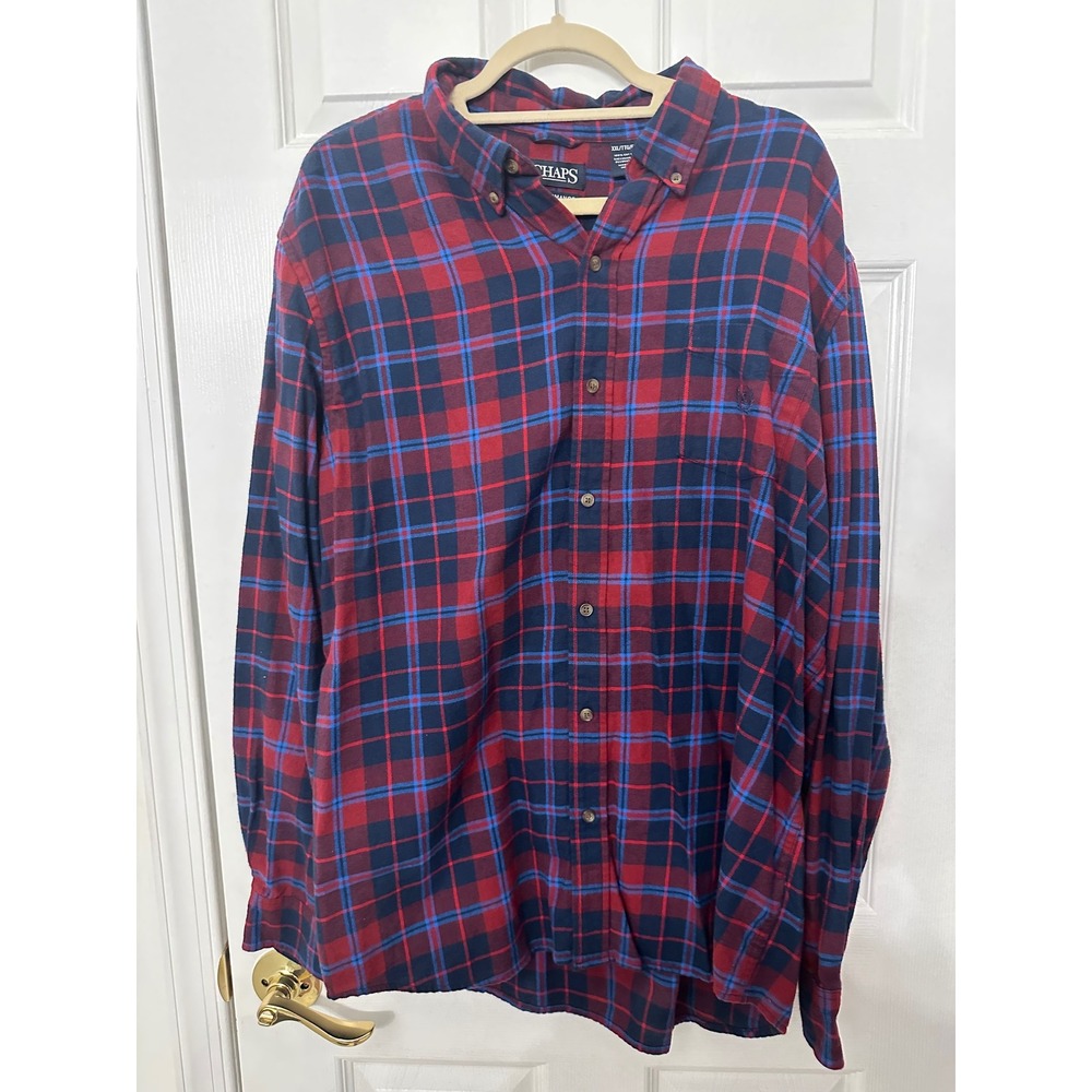 Chaps Performance Mens XXL Red Blue Plaid Long Sleeve Button Down Cotton Shirt